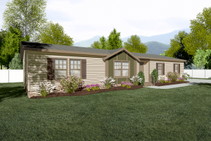 Single-story beige house with dark trim, multiple windows, landscaped garden beds, green lawn, and trees in the background.