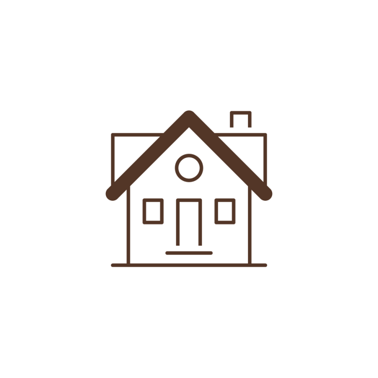 Simple brown line drawing of a house with a chimney, two windows, a door, and a circular window above the entrance, on a plain white background.