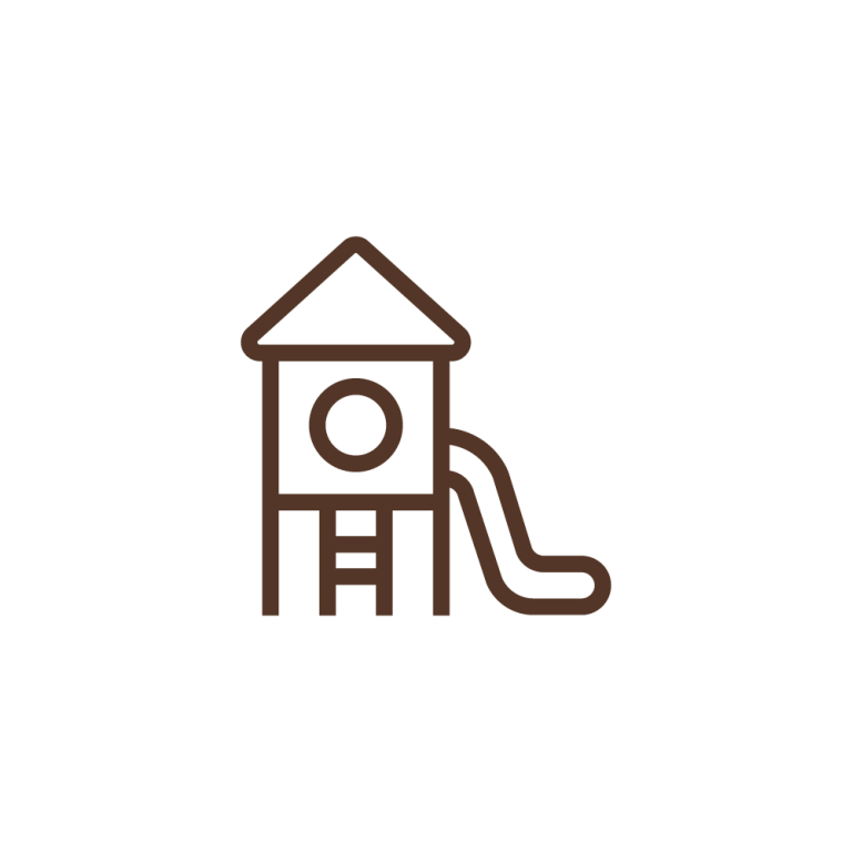 Simple line drawing of a playground structure with a slide, ladder, and a circular window, shown in brown on a plain white background.