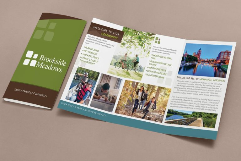 A tri-fold brochure for Brookside Meadows community featuring photos of families and nature, amenities list, and a section about Mukwonago, Wisconsin.